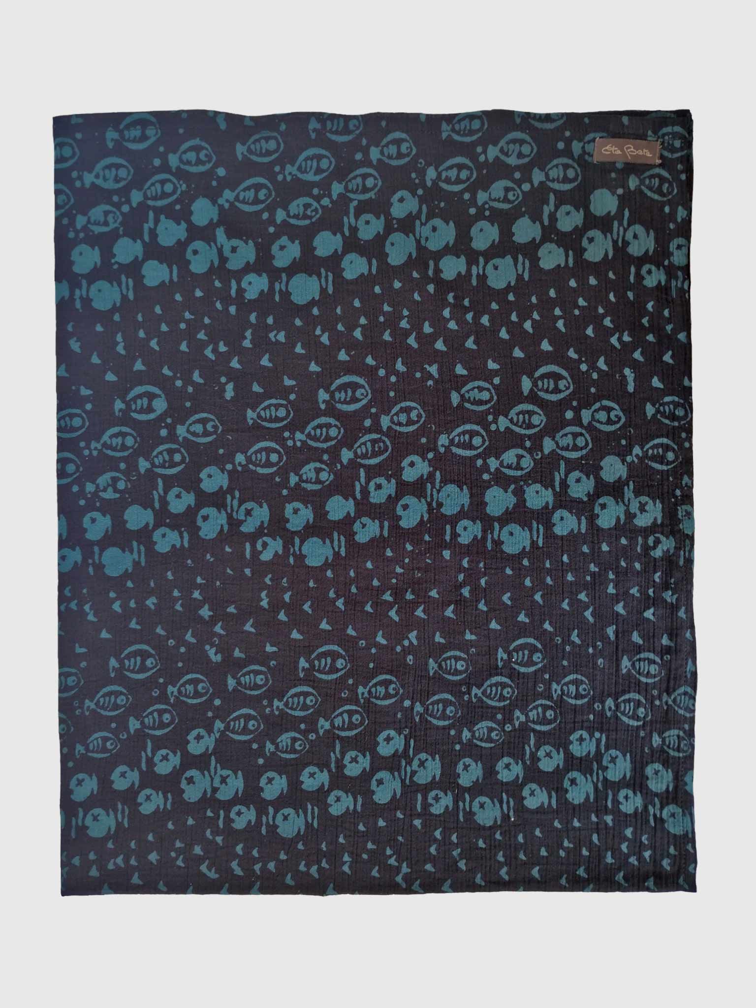 PAREO COTTON CRINKLE BATIK FISHES BLACK/PETROL
